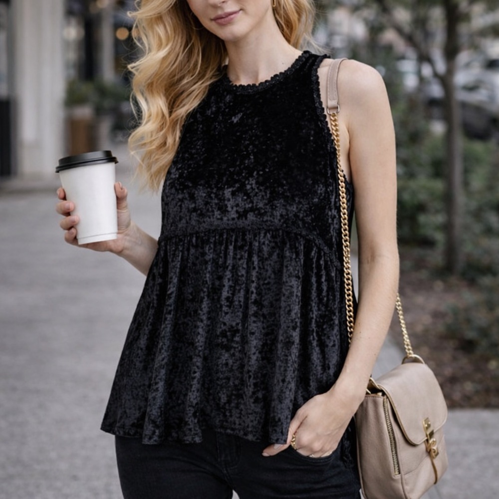NWT POL Crushed Velvet Top Black Babydoll Fairy Grunge Witchy Boho Sz Large